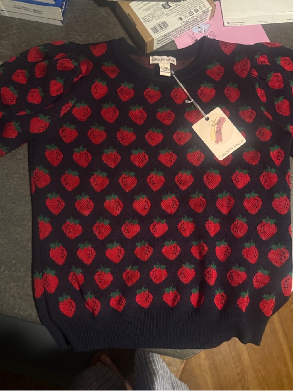 Carolyn Taylor Navy Sweater with Red Strawberry Pattern